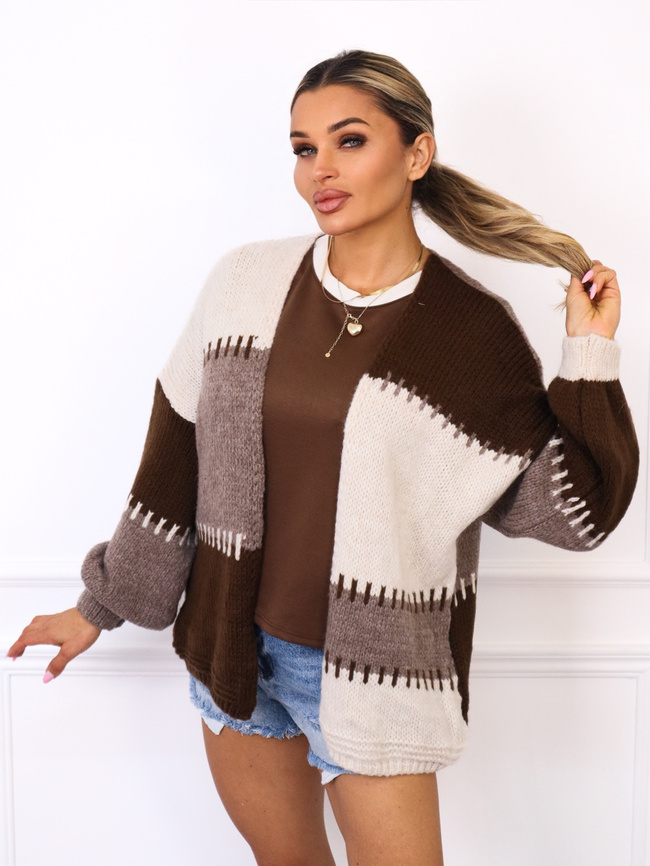 SWETER KARDIGAN Z ŁĄCZONYCH KOLORÓW Z DOMIESZKĄ WEŁNY- BEŻOWY