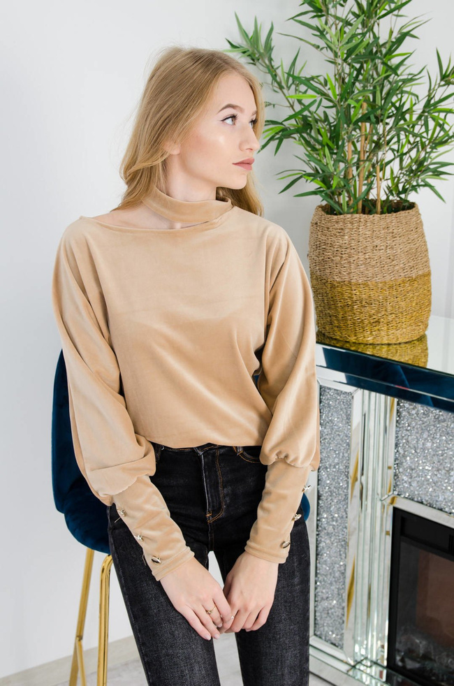 BEŻOWA WELUROWA BLUZA ZE ZŁOTYMI GUZIKAMI