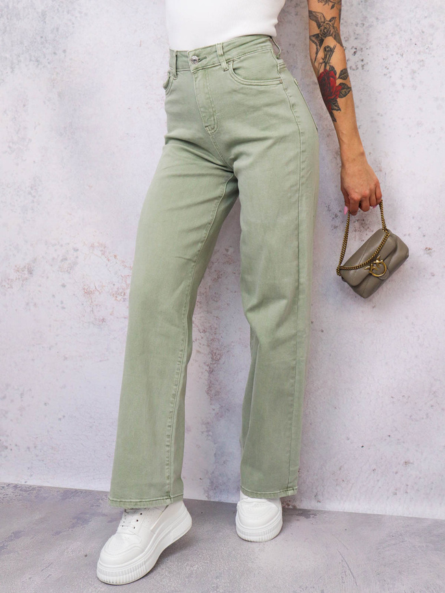 JASNO ZIELONE SPODNIE JEANSOWE Z SZEROKIMI NOGAWKAMI 