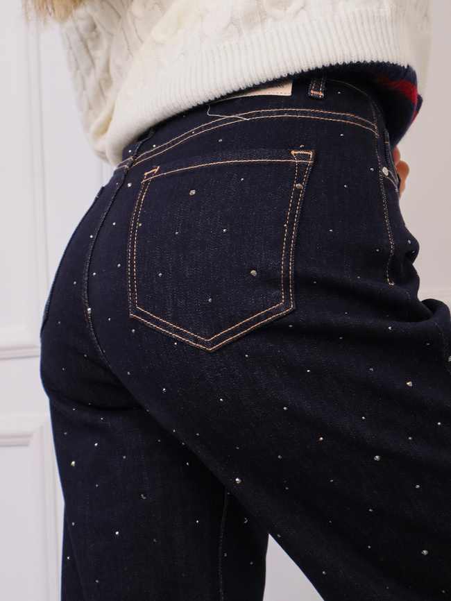 SPODNIE JEANSOWE MOM FIT Z CYRKONIAMI- CIEMNY GRANAT