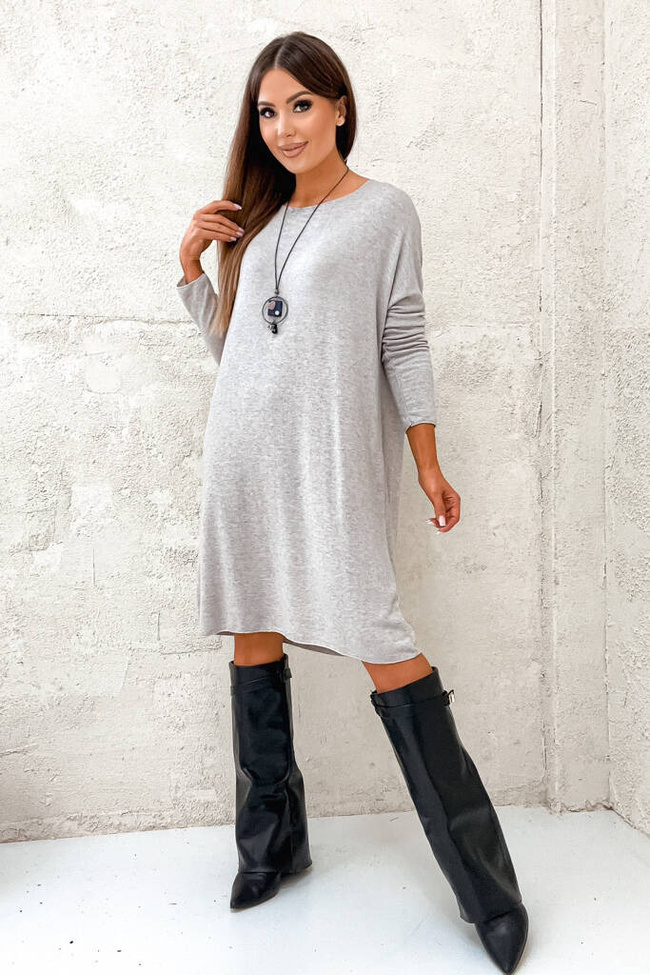 JASNO SZARA SUKIENKA MIDI OVERSIZE+ NASZYJNIK