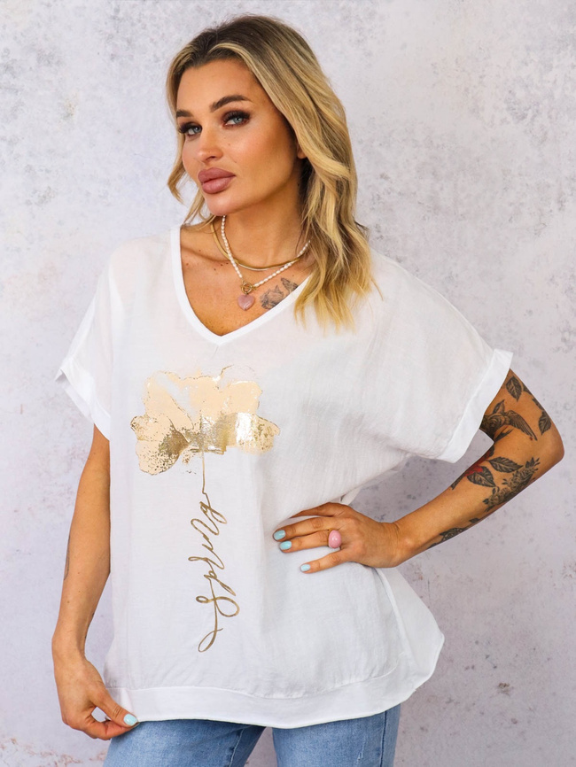 T-SHIRT ZE ZŁOTYM KWIATEM I DEKOLTEM W SZPIC- BIAŁY