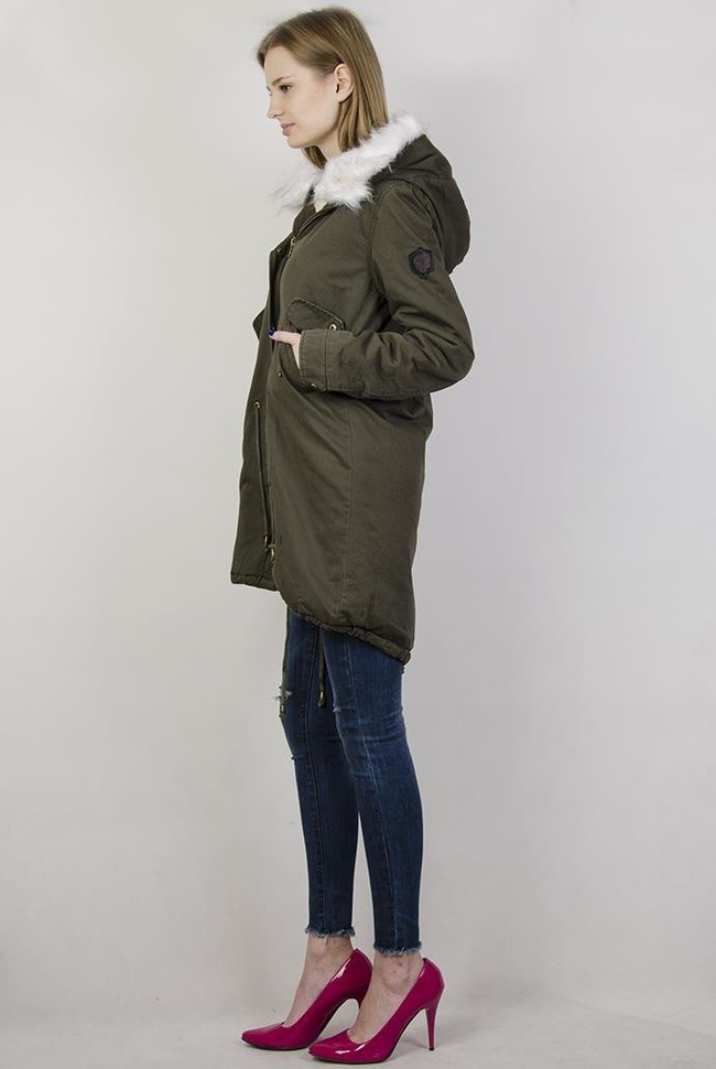 Kurtka khaki typu parka z białym futerkiem