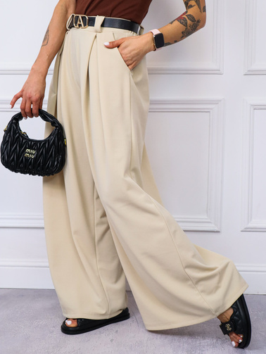 SPODNIE MATERIAŁOWE Z SZEROKIMI NOGAWKAMI+ PASEK-  JASNO BEŻOWE