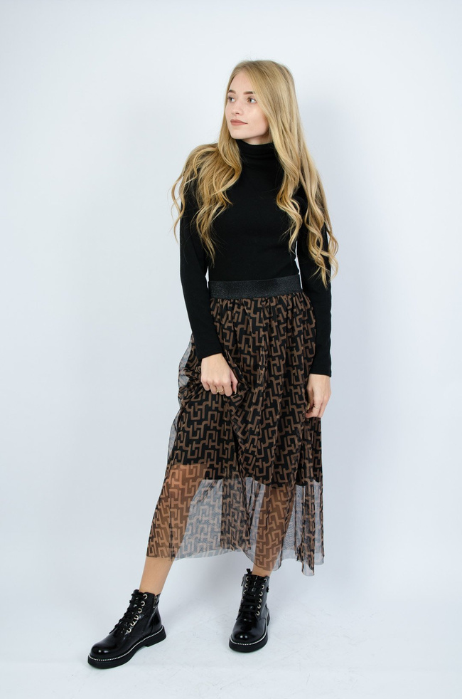 Czarna warstwowa spódnica z tiulu w brązowe wzory