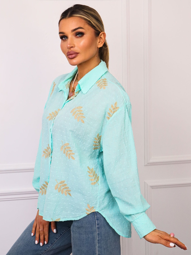 KOSZULA Z OZDOBNYM HAFTEM Z PRZODU- MIĘTOWA