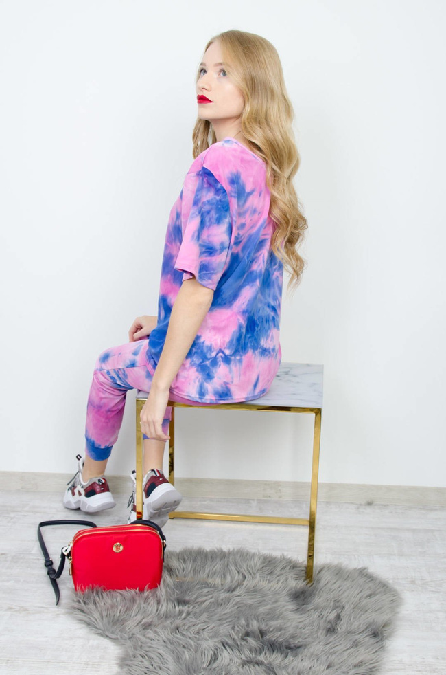 FIOLETOWO-GRANATOWY KOMPLET BLUZKA + SPODNIE Z EFEKTEM TIE DYE