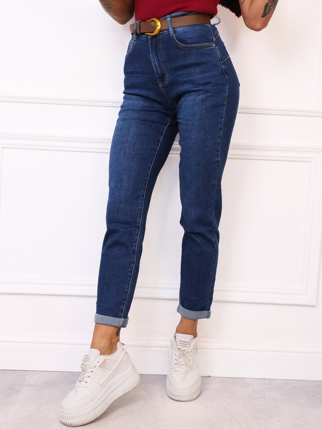 SPODNIE JEANSOWE MOM FIT Z WYSOKIM STANEM PUSH UP+ PASEK- GRANATOWE