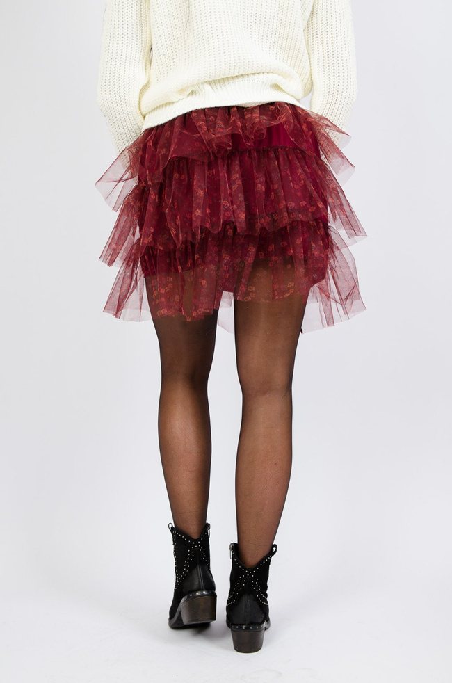 Bordowa tiulowa spódnica mini w drobne kwiatki