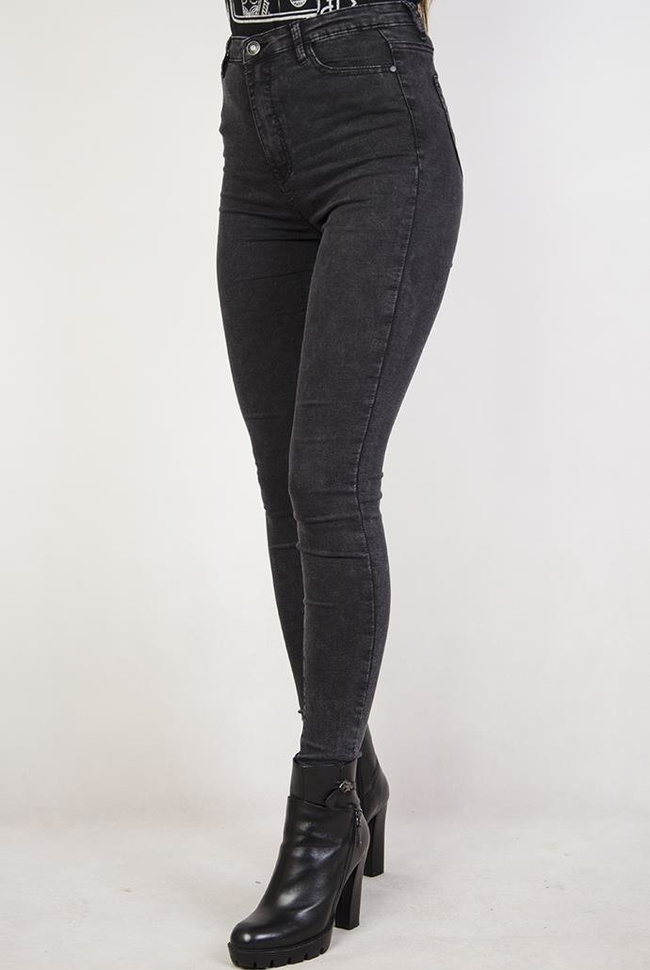 Ciemnoszare, marmurkowe spodnie jeansowe z wysokim stanem