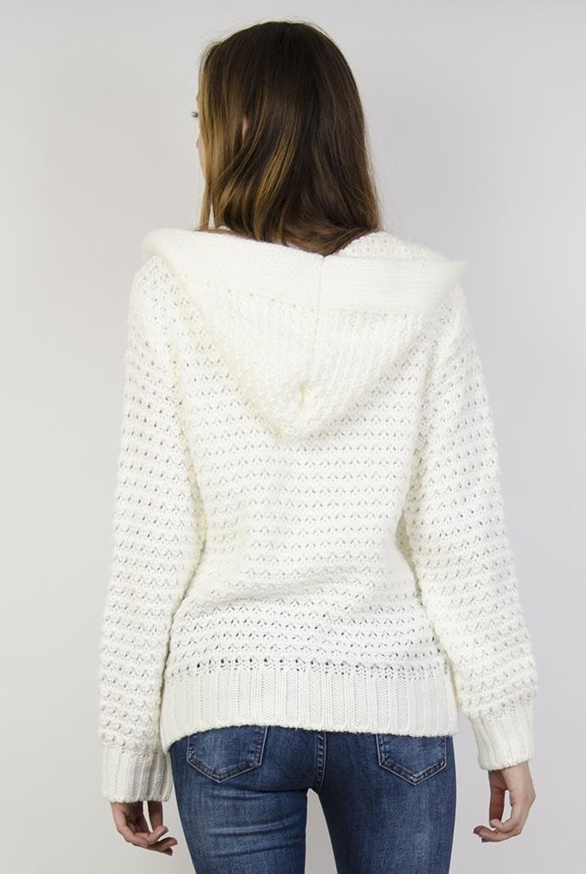 Biały sweter z kapturem, zapinany na 3 guziki