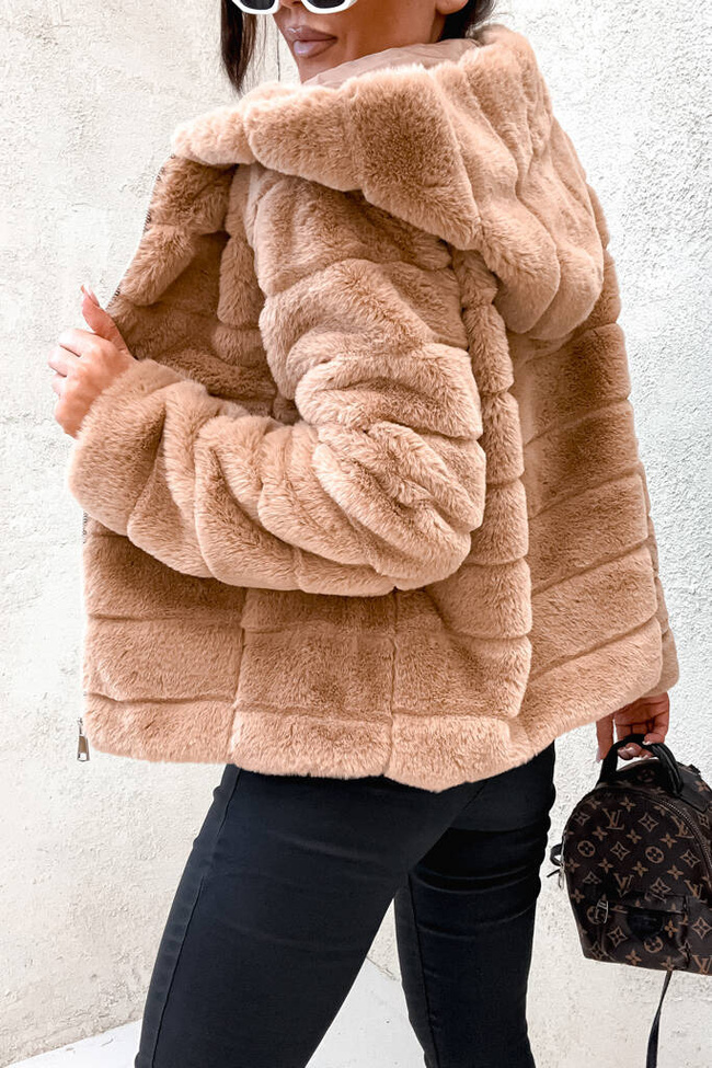 BRĄZOWA FUTRZANA KURTKA Z KAPTUREM