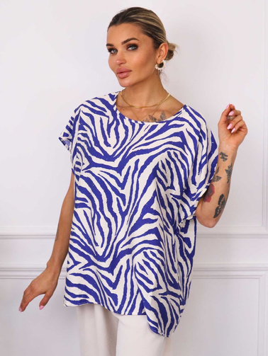 T-SHIRT OVERSIZE W ZEBRĘ Z OZDOBNYMI CYRKONIAMI- NIEBIESKI