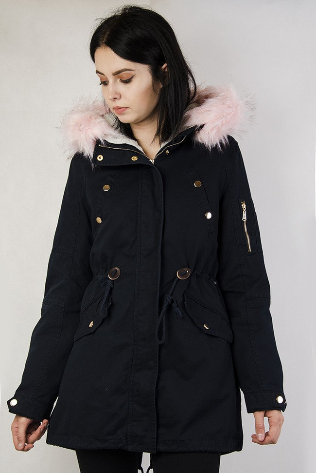 Granatowa kurtka parka z różowym futerkiem
