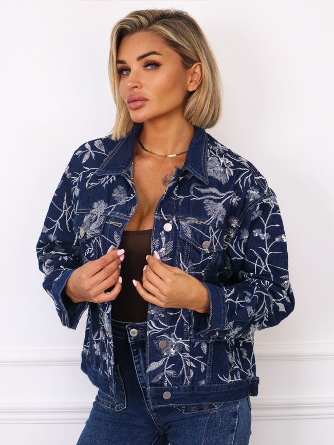KURTKA JEANSOWA Z HAFTOWANYMI KWIATAMI I OZDOBNYMI CEKINAMI