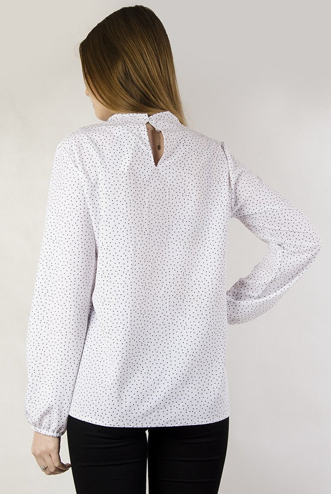 Biała bluzka koszulowa w szare kropki z wiązaniem w dekolcie