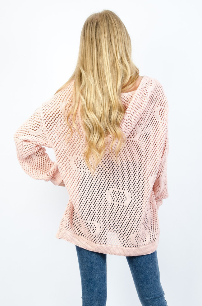 RÓŻOWY AŻUROWY SWETER Z KAPTUREM