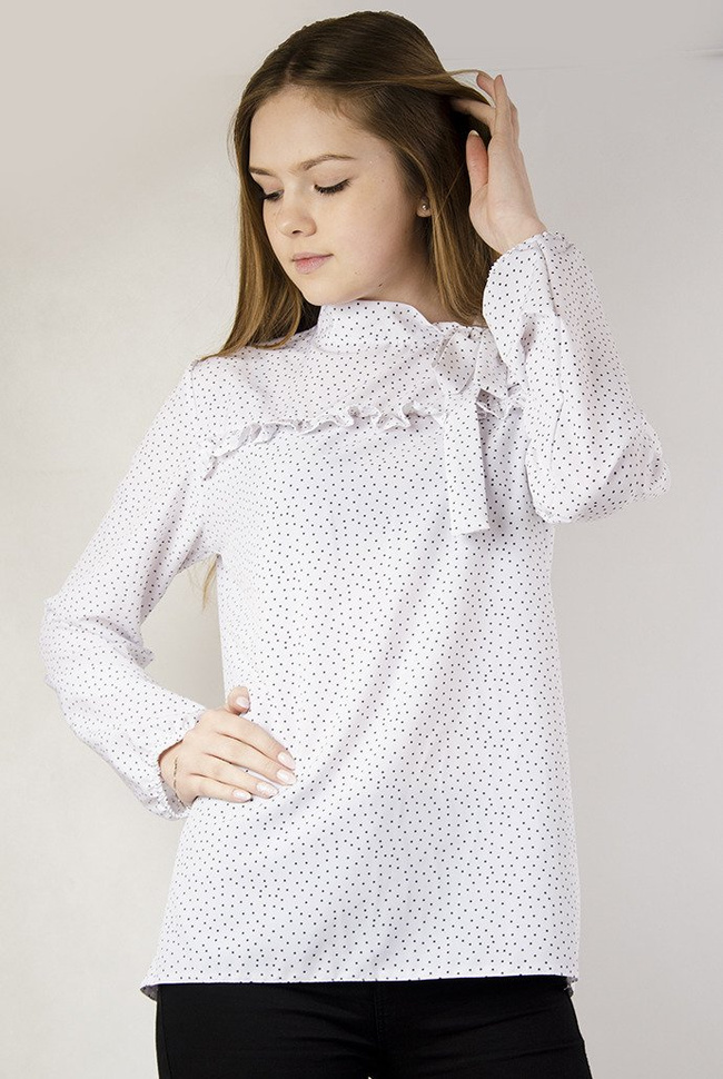 Biała bluzka koszulowa w szare kropki z wiązaniem w dekolcie