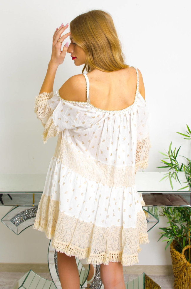 BIAŁO-BEŻOWA TUNIKA W STYLU BOHO ZE ZŁOTYM ZDOBIENIEM