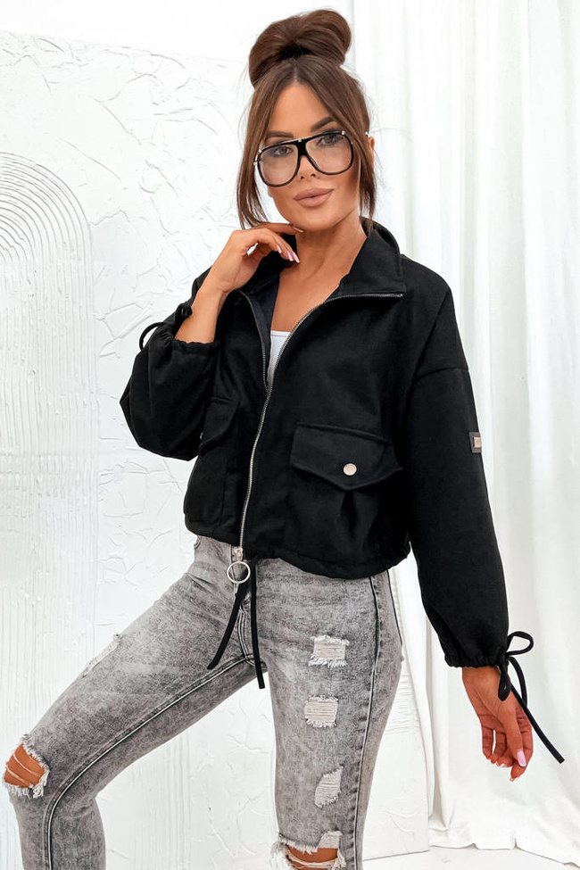 KURTKA ZAMSZOWA OVERSIZE Z KIESZENIAMI- CZARNA