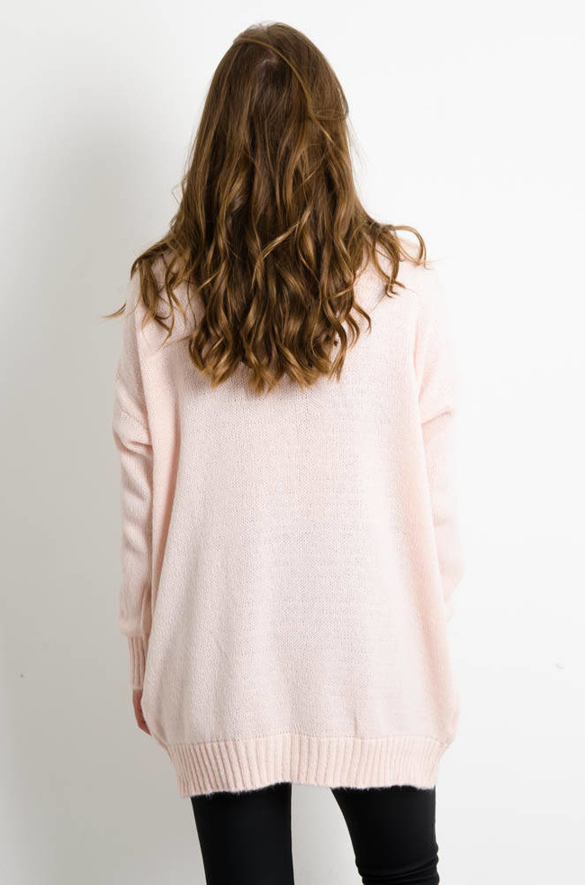 DŁUGI RÓŻOWY SWETER Z KIESZENAMI 