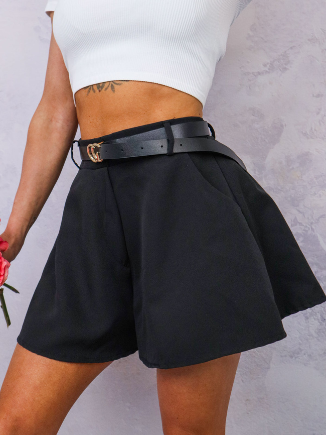 SZORTY MATERIAŁOWE Z SZEROKIMI NOGAWKAMI+ PASEK- CZARNE