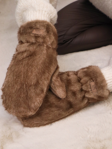 RĘKAWICZKI ZIMOWE FUTRZANE NA JEDEN PALEC Z LOGO- BRĄZOWE