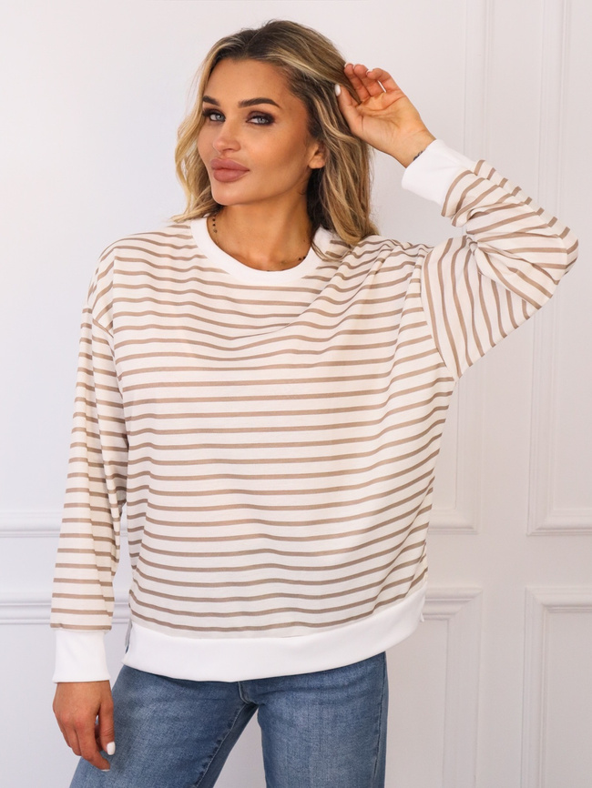BLUZA BAWEŁNIANA OVERSIZE W PASKI - BEŻOWA