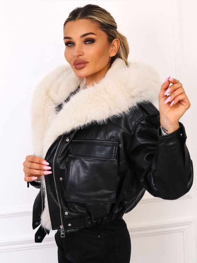 KURTKA Z IMITACJI SKÓRY Z OCIEPLENIEM I OZDOBNYM FUTERKIEM- CZARNA
