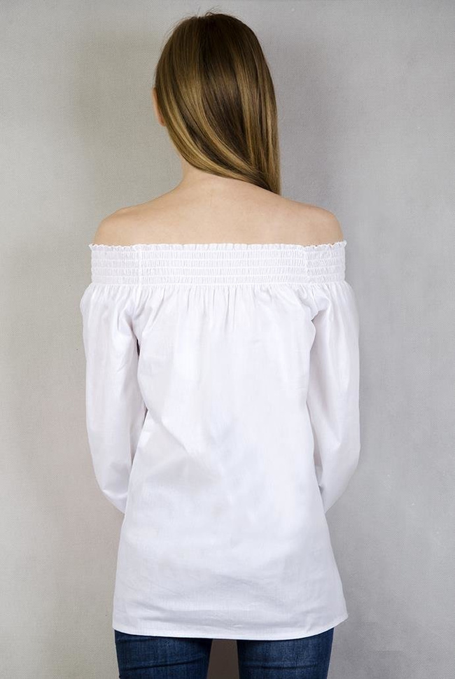 Biała koszula z hiszpańskim dekoltem i czerwonymi kwiatami