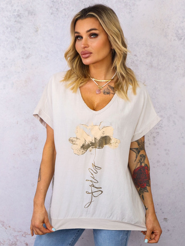 T-SHIRT ZE ZŁOTYM KWIATEM I DEKOLTEM W SZPIC- BEŻOWY