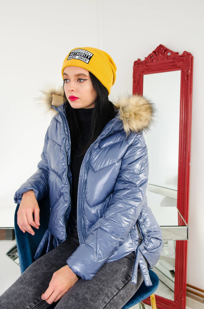 GRANATOWA  ASYMETRYCZNA PIKOWANA KURTKA Z KAPTUREM 