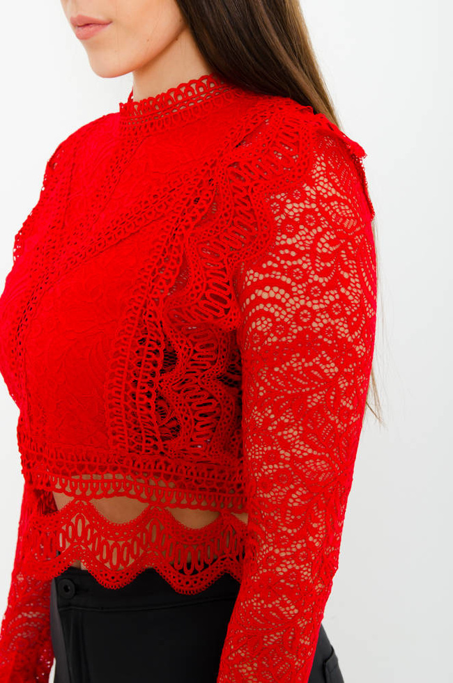 CZERWONA KORONKOWA BLUZKA Z ZAMKIEM NA PLECACH 
