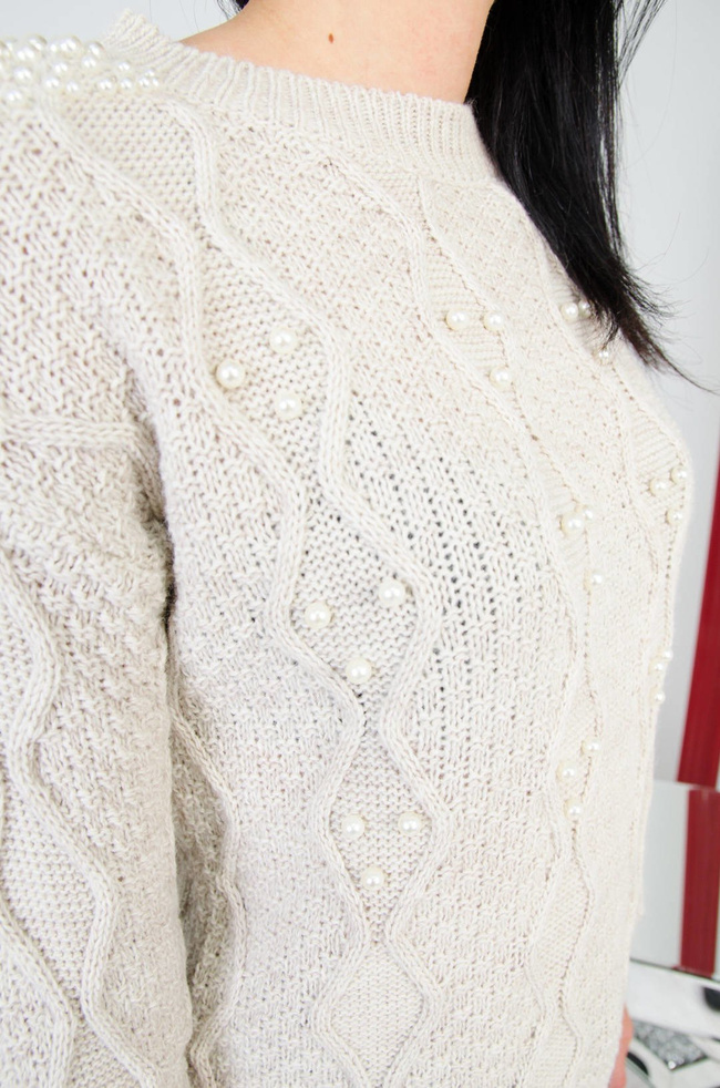  SWETER Z PEREŁKAMI W KOLRZE CIEMNEGO BEŻU