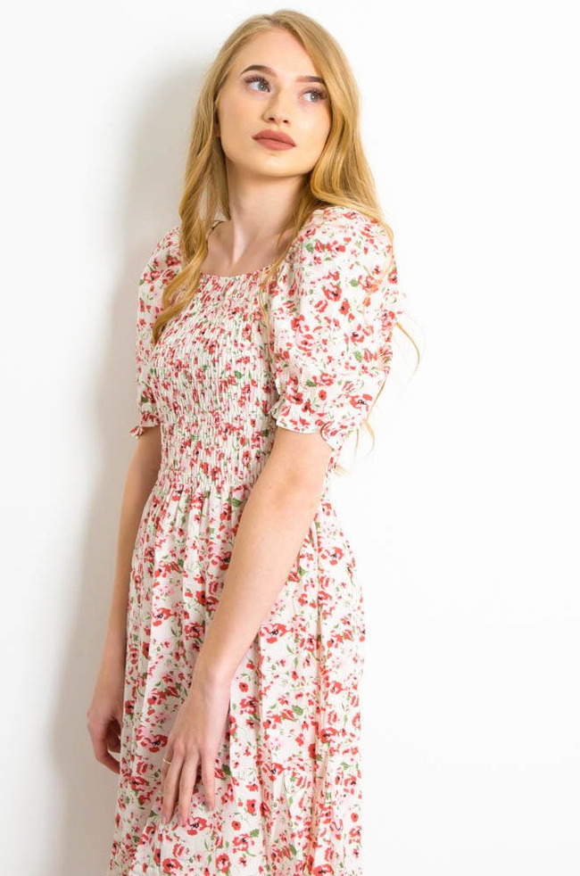 BIAŁA SUKIENKA Z BUFKAMI W RÓŻOWE KWIATY