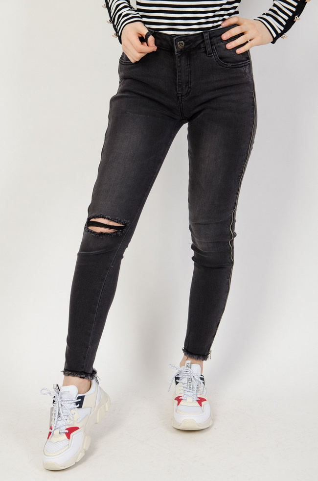 Szare spodnie jeansowe z lampasami suwakami