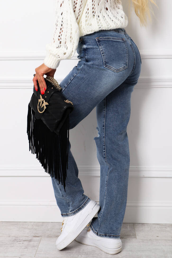 SPODNIE JEANSOWE Z PROSTĄ NOGAWKĄ I DZIURAMI- NIEBIESKIE