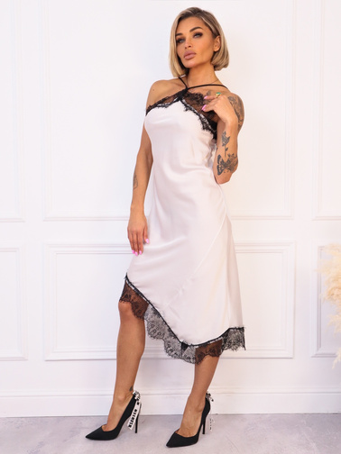 SUKIENKA SATYNOWA Z KORONKĄ I DEKOLTEM HALTER- BIAŁA