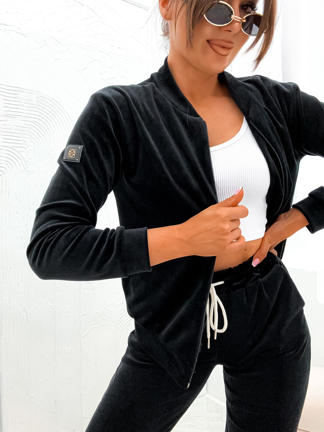 KOMPLET DRESOWY WELUROWY BLUZA ZAPINANA NA ZAMEK+ SPODNIE- CZARNY