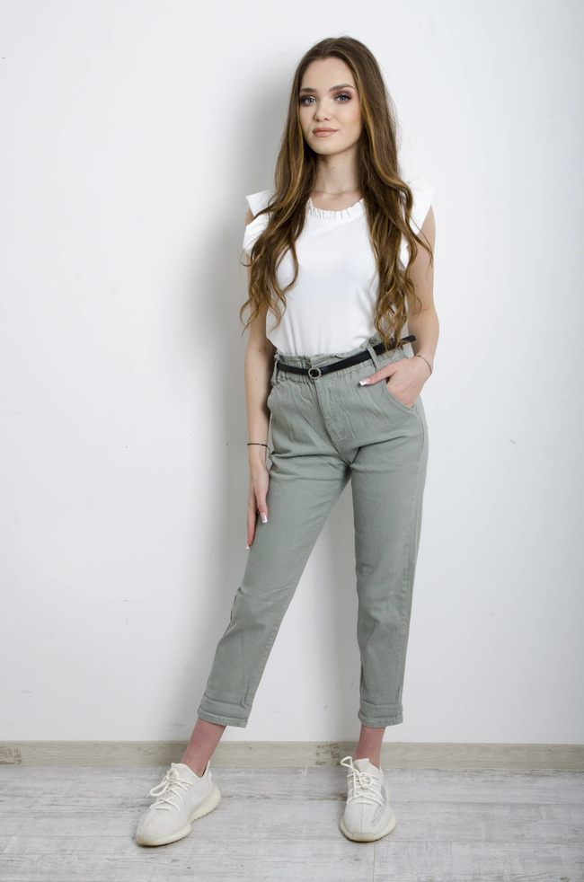 SPODNIE ZIELONE BAGGY FIT MARSZCZONE W PASIE