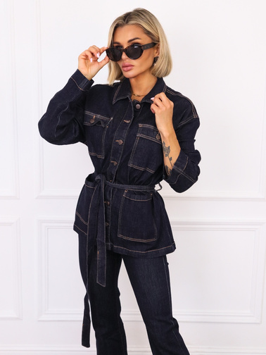 KURTKA JEANSOWA Z KIESZENIAMI WIĄZANA W PASIE- CIEMNOJEANSOWA
