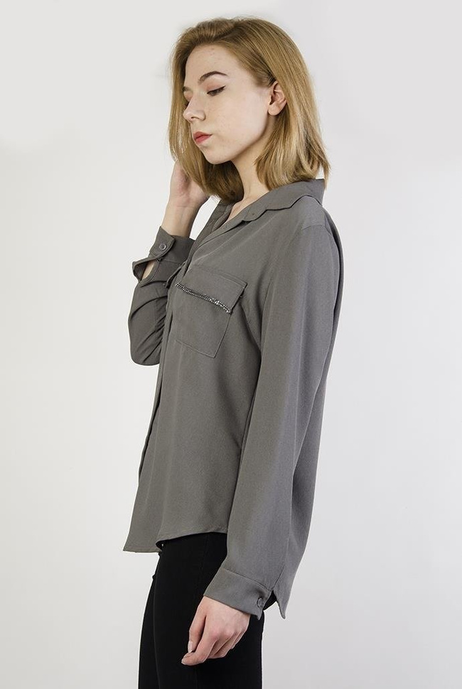 Szara koszula z cyrkoniami przy kieszonce