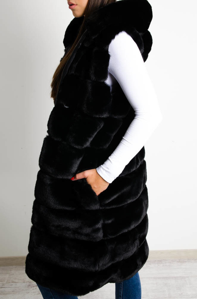 DŁUGA CZARNA FUTRZANA KAMIZELKA Z KAPTUREM