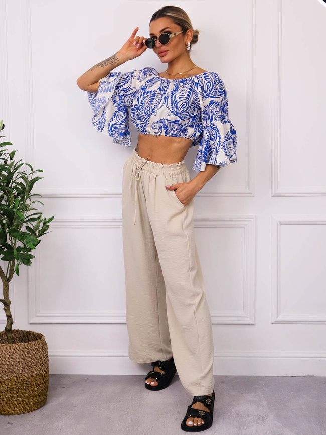 SPODNIE MUŚLINOWE Z WIĄZANIEM I GUMĄ W PASIE- BEŻOWE