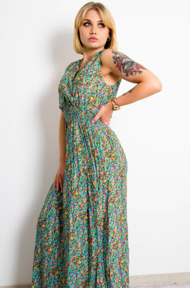 JASNO NIEBIESKA SUKIENKA MAXI W KWIATY-KOPERTOWY DEKOLT