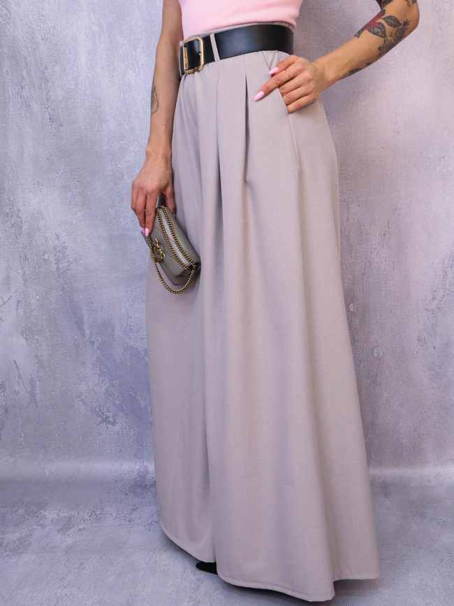 CIEMNO BEŻOWE ELEGANCKIE SPODNIE Z SZEROKIMI NOGAWKAMI+ PASEK