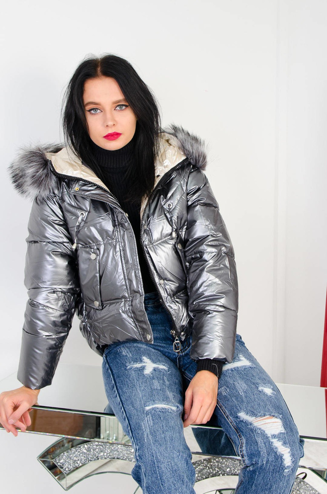 KRÓTKA SZARA METALICZNA KURTKA Z FUTERKIEM
