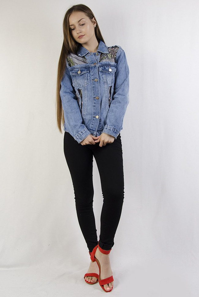 Kurtka jeansowa z haftami i elementami prześwitującymi