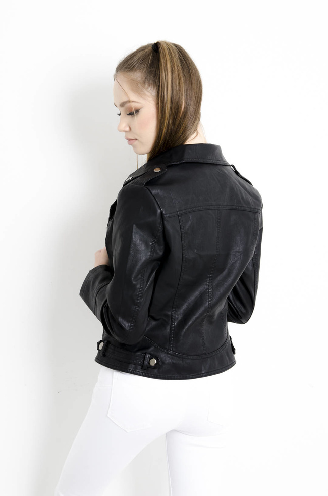 KURTKA RAMONESKA Z IMITACJI SKÓRY - CZARNA