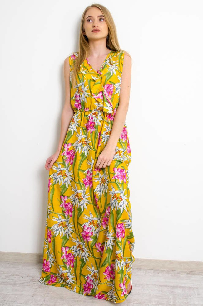 ŻÓŁTA SUKIENKA MAXI W KWIATY Z FALBANKĄ W DEKOLCIE